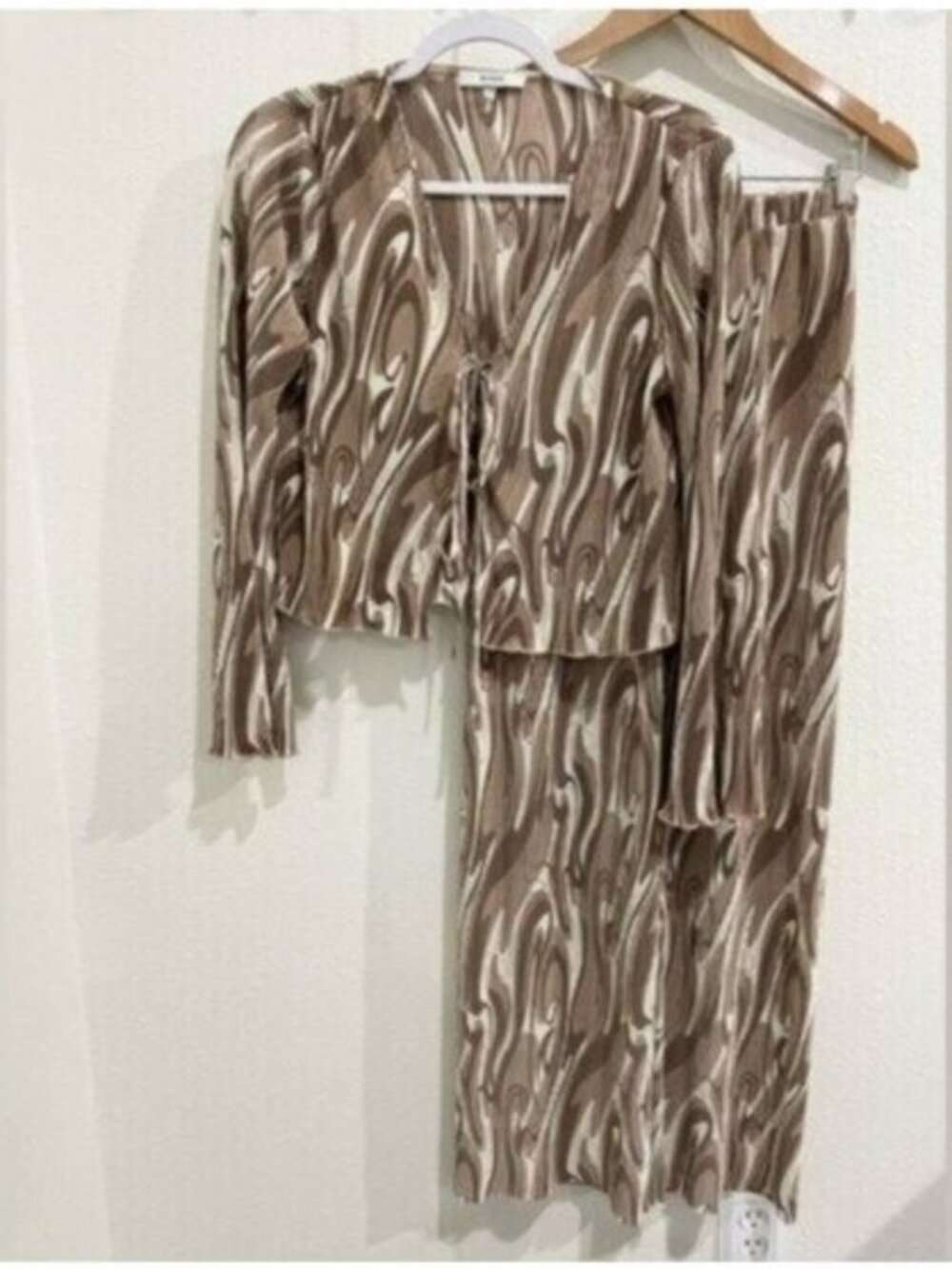 Anthropologie Wide Leg Satin Two Piece Set Feminine Front Tie Neutral
